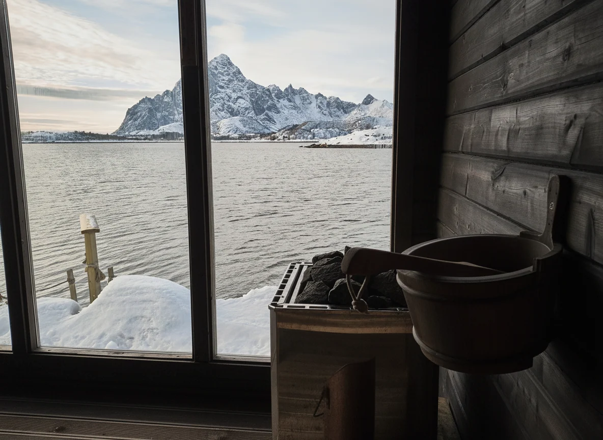 Sauna avec vue sur le fjord enneigé