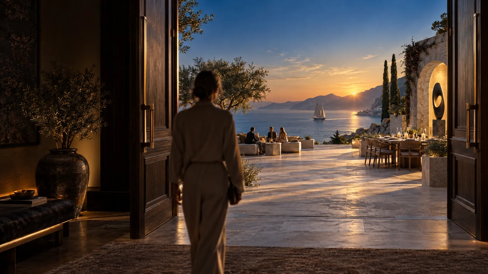 Arrivée dans une villa Satkāra Society ouverte sur la mer, au coucher du soleil