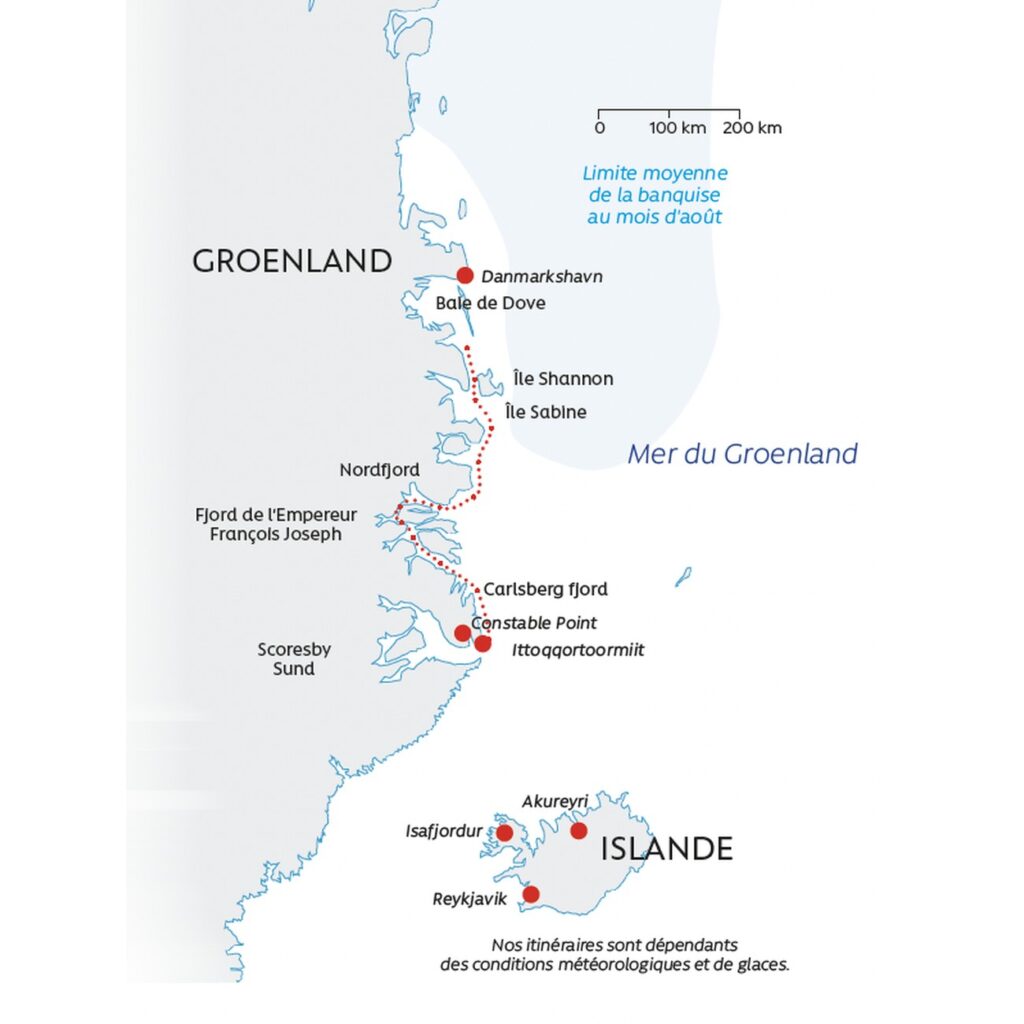 Carte de l’itinéraire de l’expédition dans le Nord-Est du Groenland