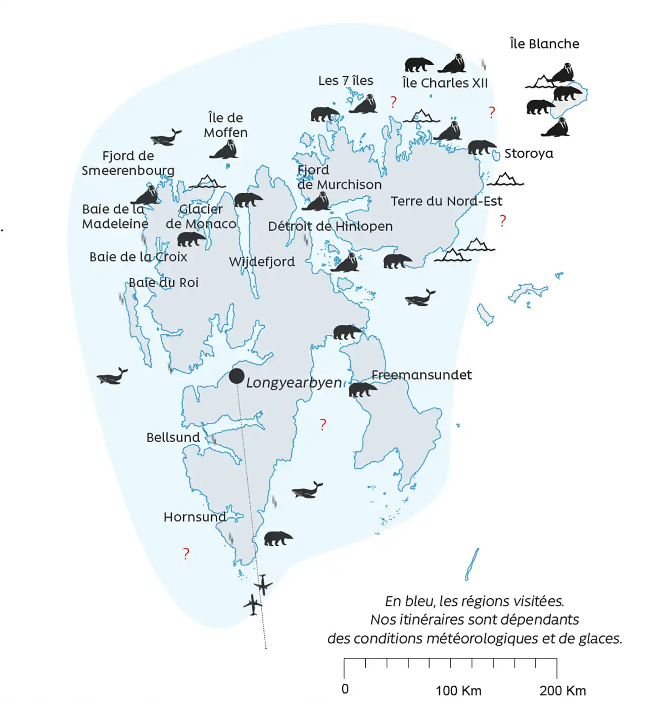 Carte de l’itinéraire vers la terre du Nord-Est du Svalbard
