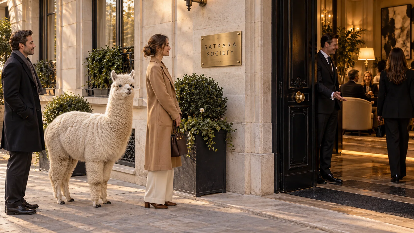 Arrivée à l’hôtel particulier Satkāra Society, accueil avec un alpaga