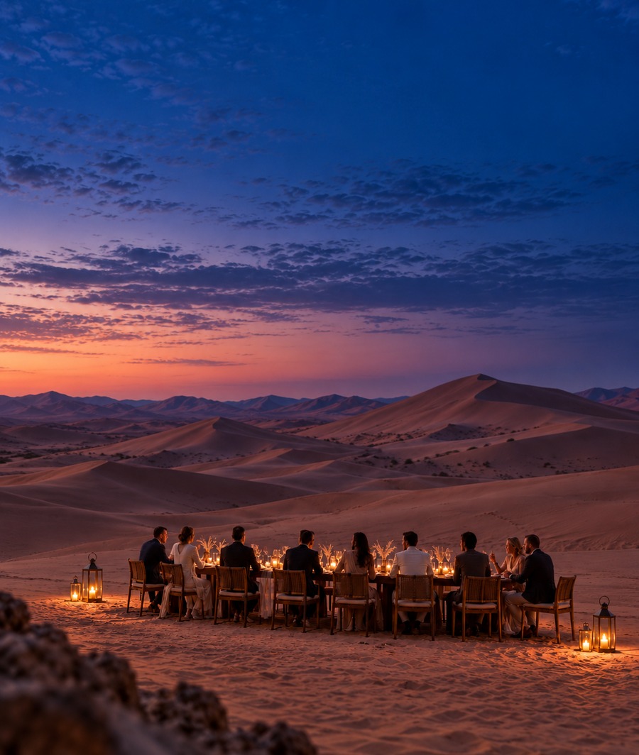 Dîner privé Satkāra Society au coucher du soleil dans le désert