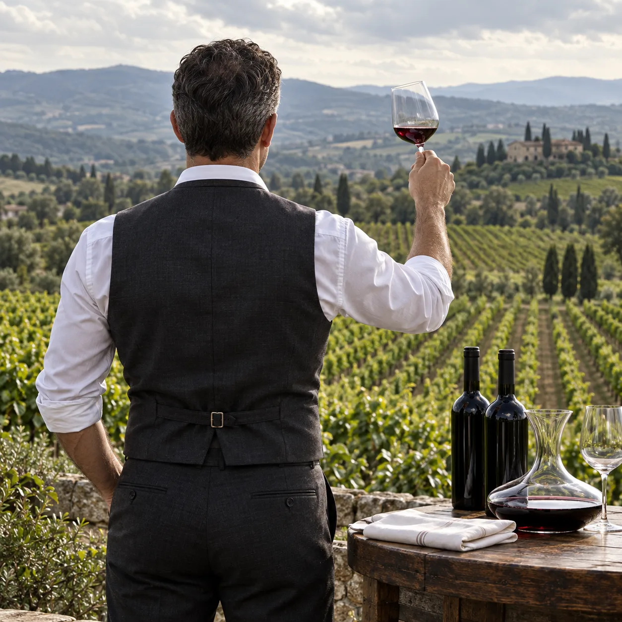 Un homme de dos, verre de vin à la main, face aux collines toscanes
