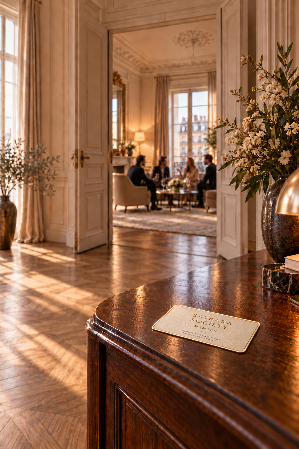 Carte de membre Satkāra Society posée dans un salon d’hôtel particulier